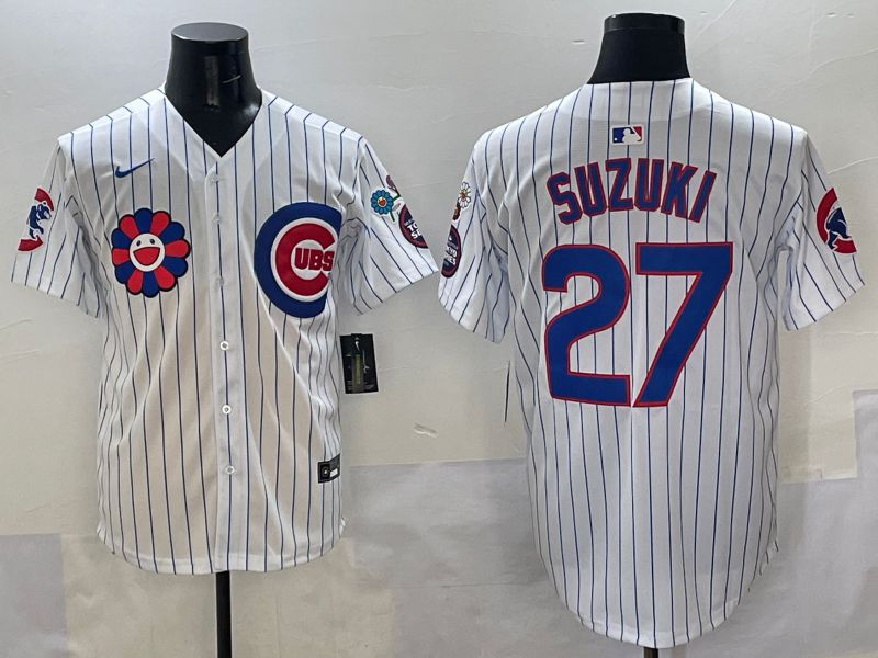 Men Chicago Cubs #27 Suzuki White Stripe Flower Edition 2025 Nike MLB Jersey style 1->chicago cubs->MLB Jersey